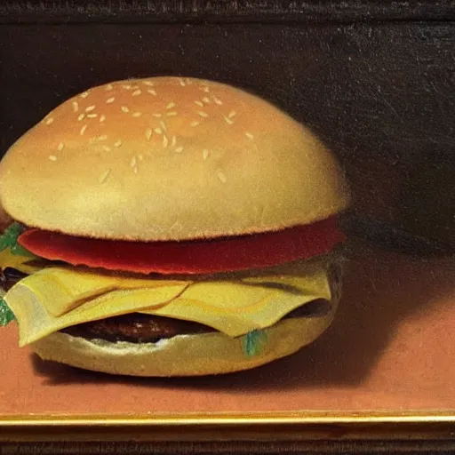 Prompt: hamburger in still life. dutch masters, 1 8 th century. oil on canvas. juicy, fresh, delicious, mouth - watering