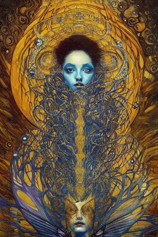 Image similar to Metamorphosis by Karol Bak, Jean Deville, Gustav Klimt, and Vincent Van Gogh, transformational chimera portrait, visionary, cicada wings, otherworldly, fractal structures, ornate gilded medieval icon, third eye, chrysalis, spirals, horizontal symmetry