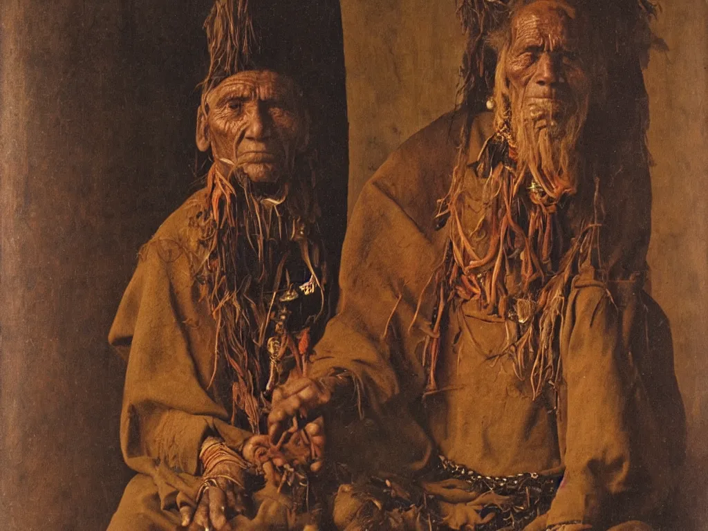 Prompt: portrait of an old Ayahuasca shaman. Painting by Jan van Eyck, August Sander.