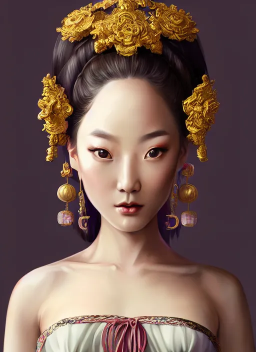 Prompt: beautiful fashion girl in tang dynasty, strapless dress, character portrait in the style of thomas river and artgerm, wlop, cinematic lighting, hyperdetailed, 8 k realistic, symmetrical, global illumination, radiant light, halo, love and mercy, frostbite 3 engine, cryengine, dof, trending on artstation, digital art, chanel