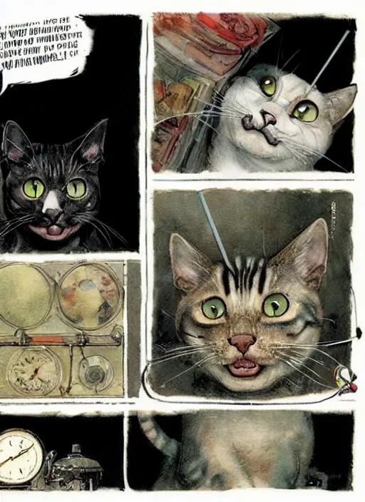 Image similar to a hyper realistic ink cat in a spaaceship 6 panel comic by chiara bautista and norman rockwell and greg rutkowski weta studio, and lucasfilm