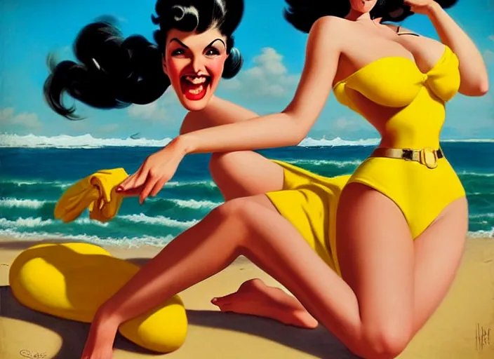 Prompt: the style of the artist gil elvgren, a girl with black hair, overwatch tracer, with a very beautiful symmetrical face, a smile on her face, tanned skin, in a yellow bikini, against the background of a sea beach, in art style, high detail, digital painting, hyperrealism