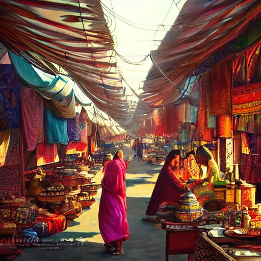 Prompt: bazaar in delhi. art by salman toor. faithfully depicted facial expression, perfect anatomy, sharp focus, global illumination, radiant light, detailed and intricate environment, trending on artstation