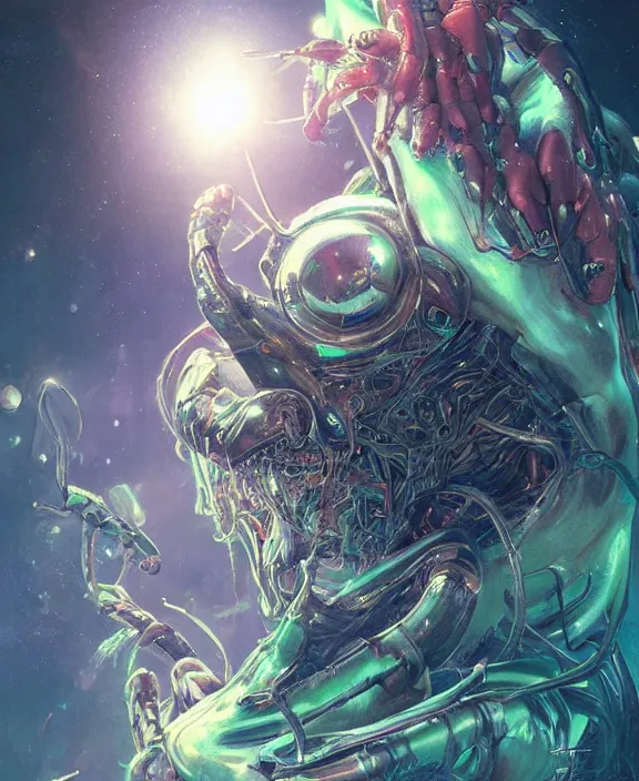 Image similar to portrait of a shining neon lights predatory insect alien crab monster, muscles, rippling, milky way environment, ultra realistic, concept art, intricate details, eerie, highly detailed, photorealistic, octane render, 8 k, unreal engine. art by artgerm and greg rutkowski and alphonse mucha