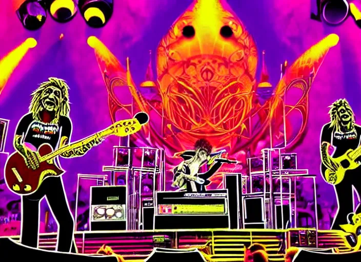Prompt: members of the band tool performing on stage at a very large concert venue, colorful,modern, disney poster, detailed,