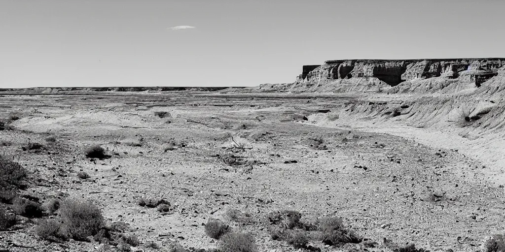 Image similar to photo of green river, wyoming cliffs. the silhouette of an old man in a trench coat and a cane stands still very far away in the distance, facing at the camera. midday sun. hot and dry conditions. kodak ektachrome.