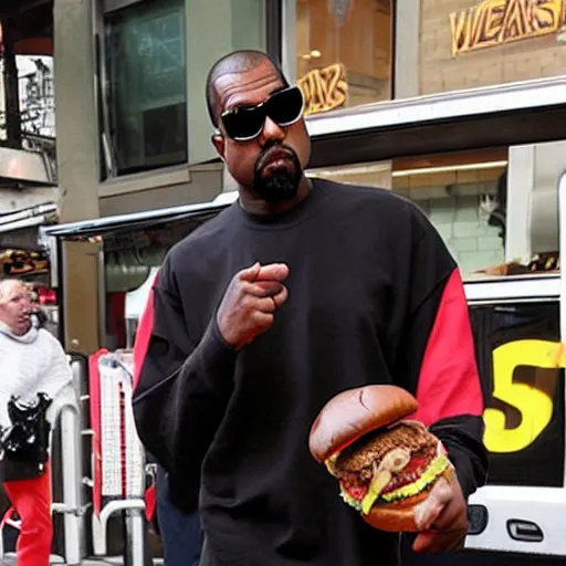 Prompt: kanye west holding a giant cheeseburger
