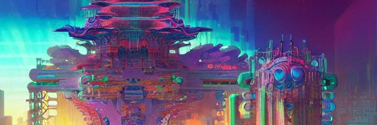 Image similar to a sprawling miniature cybernetic temple, surrounded by fractals, cybernetic faces, vaporwave aesthetic, colorful, psychedelic, digital painting, artstation, concept art, smooth, sharp focus, illustration, art by artgerm and greg rutkowski and alphonse mucha