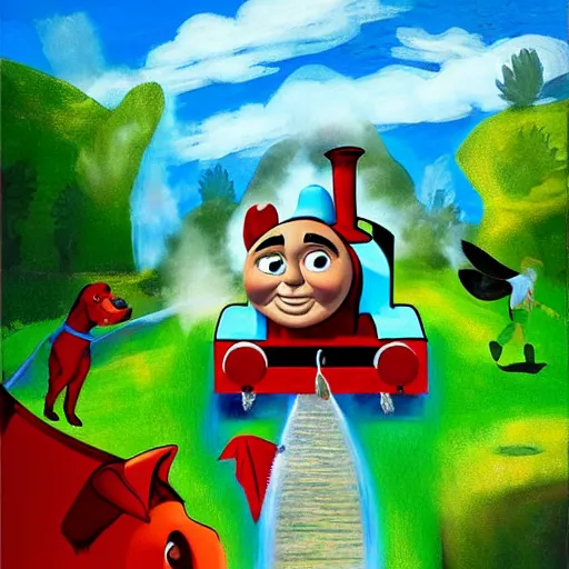 Image similar to thomas the tank engine, melee combat, fighting, clifford the big red dog, in the style of mythical paintings