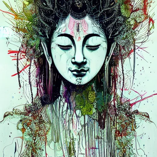 Prompt: contented female bodhisattva, praying meditating, realism, elegant, intricate, portrait illustration by Carne Griffiths and David Cronenberg