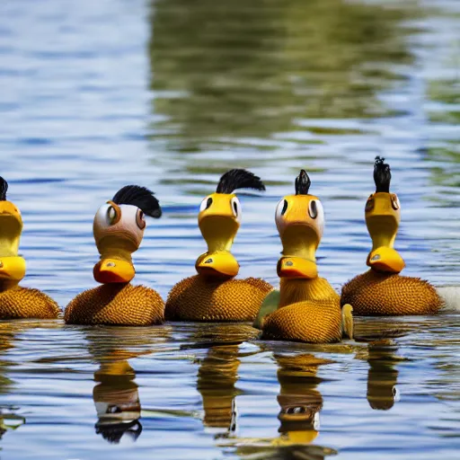 Image similar to professional photograph of banana ducks, peeled bananas with googly eyes and duck beaks