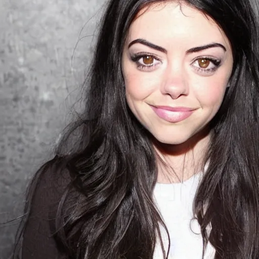 Image similar to a girl with long black hair and thick eyebrows, her face is a mix between aubrey plaza, lucy hale, sarah hyland, anne hathaway and christina ricci