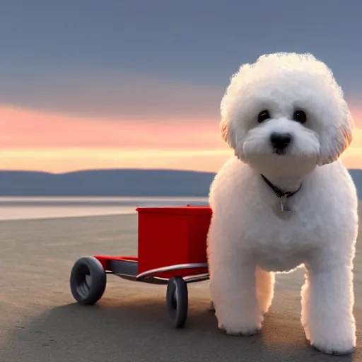 Prompt: a photorealistic photograph of a smiling white Bichon Frisé puppy pulling a little red wagon full to the brim with french fries during sunset at the beach Trending on Artstation, featured on Behance, well-rendered, Unreal Engine, 4K HD