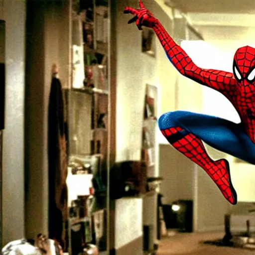 Prompt: film still of Tobey Maguire spider man swinging