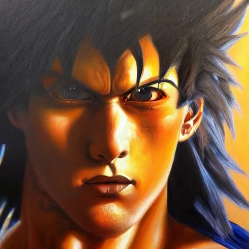 Prompt: detailed portrait of emo goku intricate, hyper detailed, realistic, oil painting, by julie bell, frank frazetta, cinematic lighting