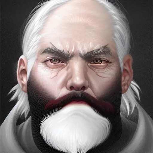 Prompt: old male archmage, head shot, portrait, no eyebrows, piercing gaze, black robes, long short red beard, short white hair, all black eyes, black horn, D&D, fantasy, intricate, elegant, highly detailed, digital painting, artstation, concept art, smooth sharp focus, illustration, art by artgerm and greg rutkowski and alphonse mucha.