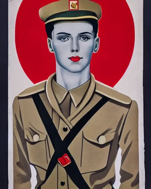 Image similar to androgynous transmasc model in soviet uniform, soviet propaganda poster design, cccp, soviet union propaganda