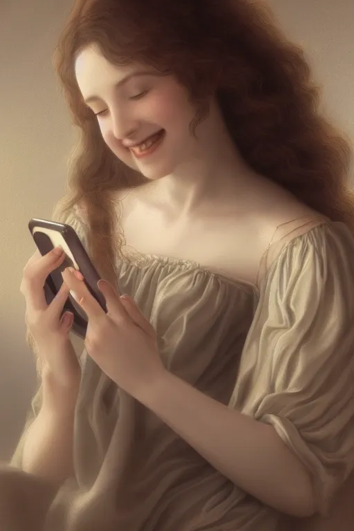 Prompt: a portrait of a beautiful young lady smiling at a text she just received on her smartphone, in style of Evelyn De Morgan, beautiful high detail, cinematic, 8k resolution, trending on artstation trending, octane render, unreal engine