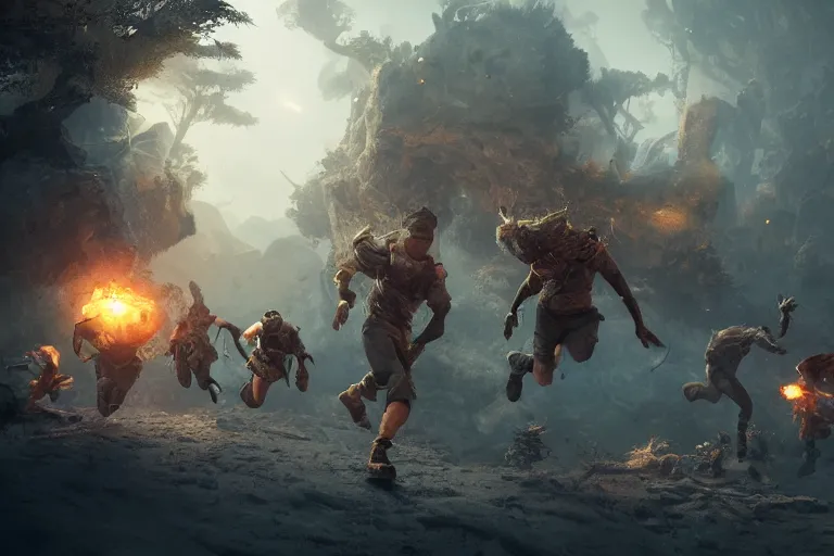 Prompt: a team of adventurers run toward camera, hyper realistic, ambient lighting, concept art, intricate, hyper detailed, smooth, dynamic volumetric lighting, octane, raytrace, cinematic, high quality, high resolution, 4 k