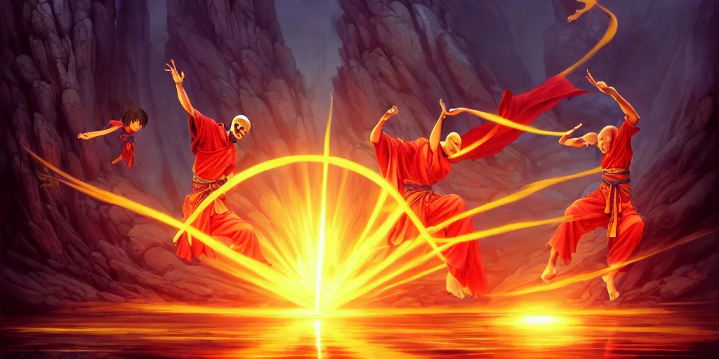 Image similar to [ shaolin monks. orbs of light hover over their open palms ]. fantasy art, digital painting, golden hour, 8 k, highly detailed. realistic award, disney concept art, watercolor splash, epic mythology, illustration by style of makoto shinkai takashi takeuchi yoshiyuki sadamoto, greg rutkowski chiho aoshima