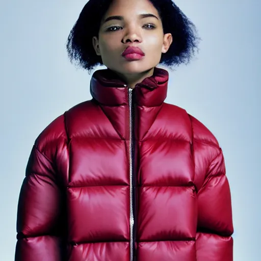 Image similar to realistic photoshooting for a new issey miyake lookbook, color film photography, portrait of a beautiful woman, model is wearing a puffer jacket, in style of tyler mitchell, 3 5 mm,