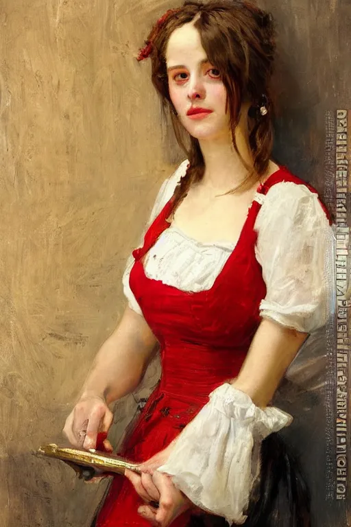 Image similar to Solomon Joseph Solomon and Richard Schmid and Jeremy Lipking victorian genre painting full length portrait painting of a young beautiful woman traditional german barmaid in fantasy costume, red background