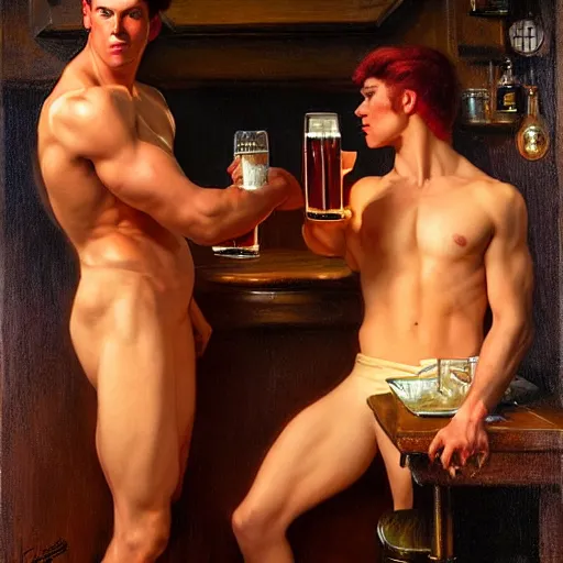 Image similar to drinking their hearts out, in a pub. attractive muscular male with red hair and attractive muscular male with black hair. pants, very defined painting by j. c. leyendecker, gaston bussiere, craig mullins 8 k