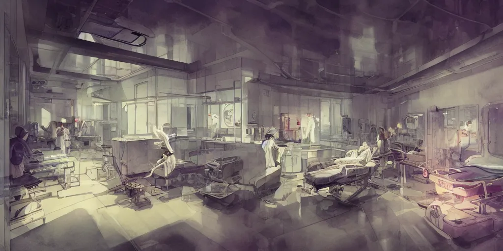 Prompt: a beautiful insanely intricate watercolor illustration of modern hospital operating room, reflexions, colorfull, by william turner art, by greg rutkowski, by james jean, by rossdraws, by frank franzzeta, by sakimichan, by edmund dulac, trending on artstation, insanely detailed, masterpiece,