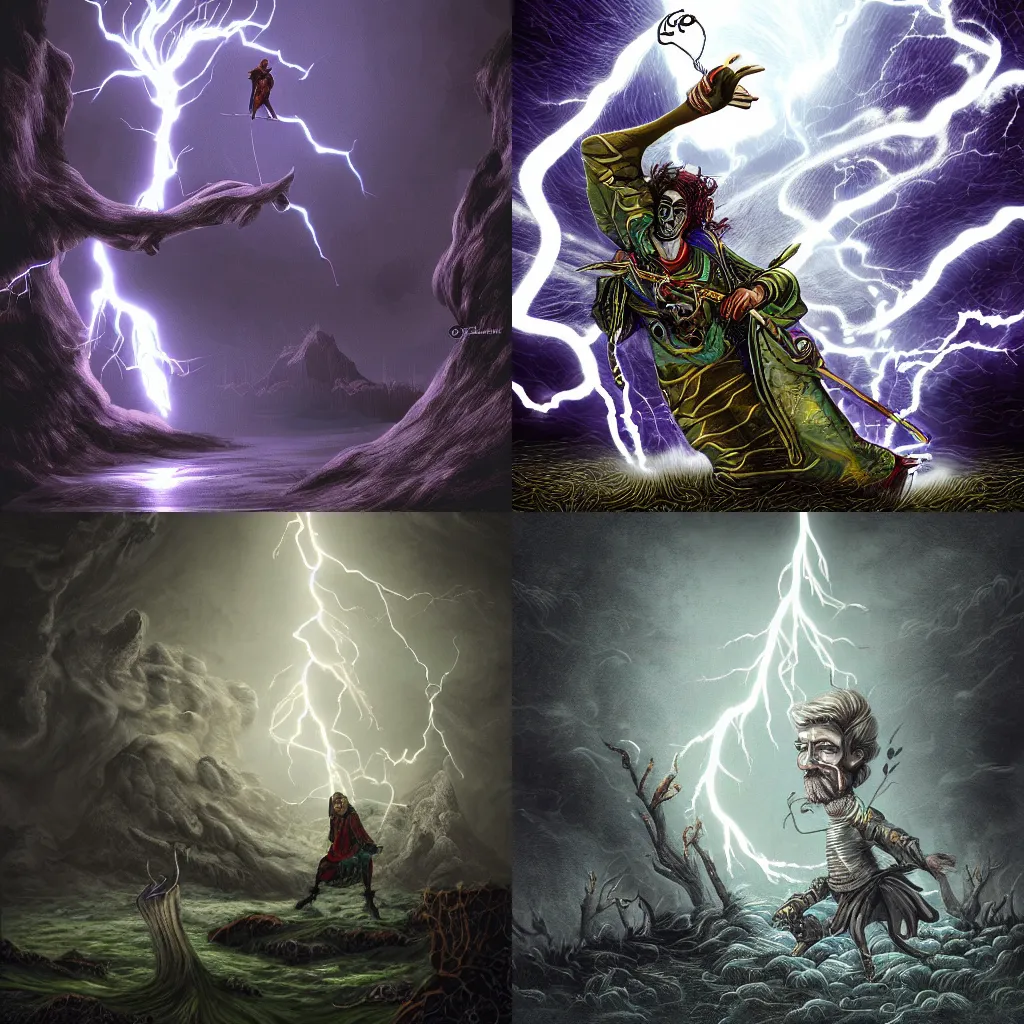Prompt: the fool and the lightning, digital art, dark fantasy, highly detailed, no crop
