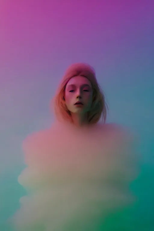 Image similar to high quality pastel coloured film close up wide angle photograph of a model wearing clothing swimming on cloud furniture in a icelandic black rock!! environment in a partially haze filled dreamstate world. three point light, rainbow. photographic production. art directed. pastel colours. volumetric clouds. pastel gradient overlay. waves glitch artefacts. extreme facial clarity. 8 k. filmic.