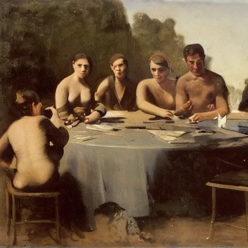 Image similar to by camille corot, by jakub rozalski, by bert hardy van dyke brown, prismatic unified, energetic. a beautiful body art of a group of people standing around a circular table. in the center of the table is a large, open book. the people in the body art are looking at the book with interest & appear to be discussing its contents.