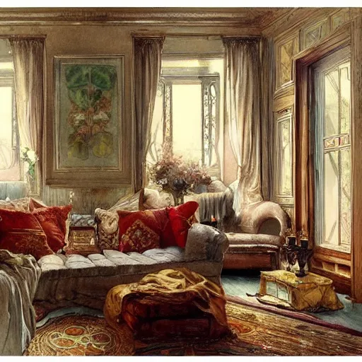 Prompt: a beautifull intricate watercolour painting of a living room, reflexions, verry high details by william turner art, greg rutkowski and alphonse mucha, trending on artstation, very very detailed, masterpiece, muted colors