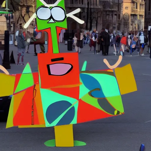 Image similar to doodlebob 1970s street performer, 4k, abstract surrealism masterpiece