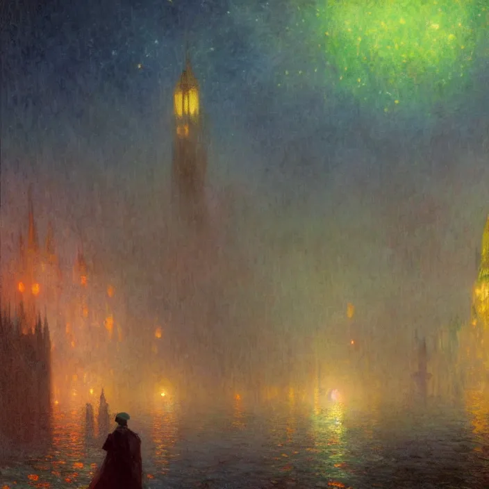 Image similar to a beautiful painting of a gothic city, colourful stars shining at night, astrophotography, cthulhu, colors out of space by ivan aivazovsky and greg rutkowski and james gurney and frank lloyd and monet, in style of impressionnisme. hyper detailed, sharp focus, soft light. unreal engine 5 lumen. ray tracing. trending on artstation. oil on canvas