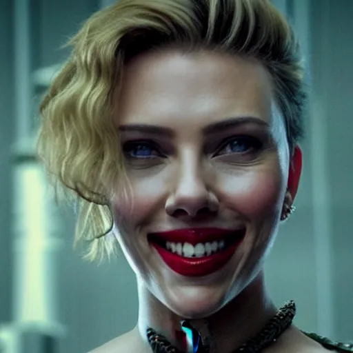 Image similar to beautiful awe inspiring Scarlett Johansen as The Joker smiling maniacally 8k hdr