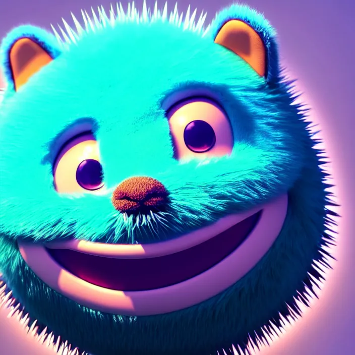 Prompt: high quality 3 d render hyperrealistic very cute big spherical creature smile emoji, whiskers, plush mascot, short spiky colorful dense fluffy smooth fur 1 cm long, psychedelic lighting, 1 5 0 mm, smooth background, artstation, elegant, ultra detailed, octane render