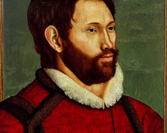 Prompt: a 1 6 th century medieval oil painting of ryan reynolds, c. 1 5 3 2 n 9