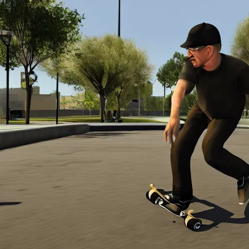 Image similar to Walter White skateboarding in Skate 2, ps3 screenshot, xbox 360 screenshot, 4k, realistic face, insanely detailed