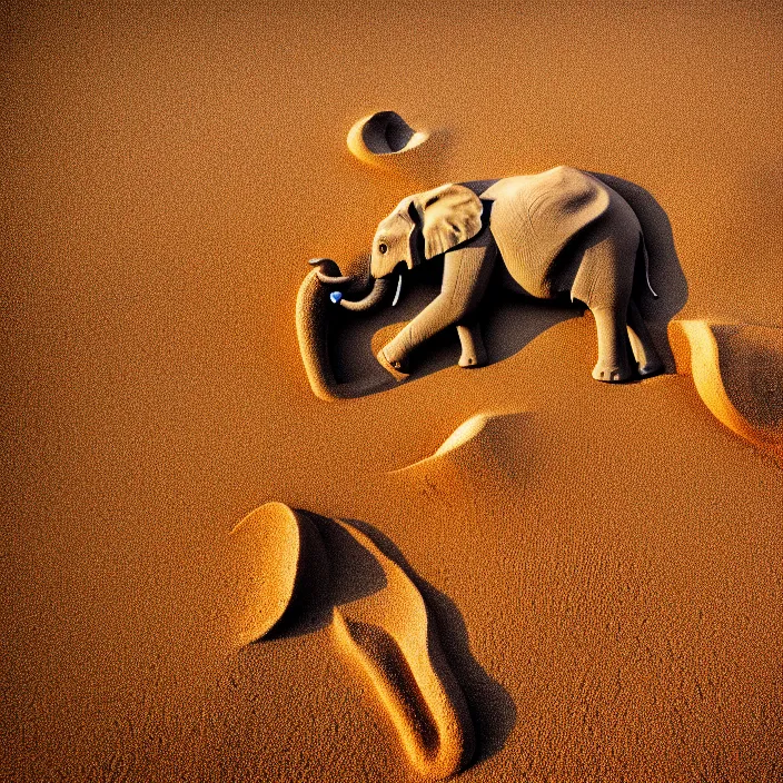 Image similar to photo of an elephant made of sand in the middle of a very sandy desert storm sand, 4 k, hdr, smooth, sharp focus, high resolution, award - winning photo