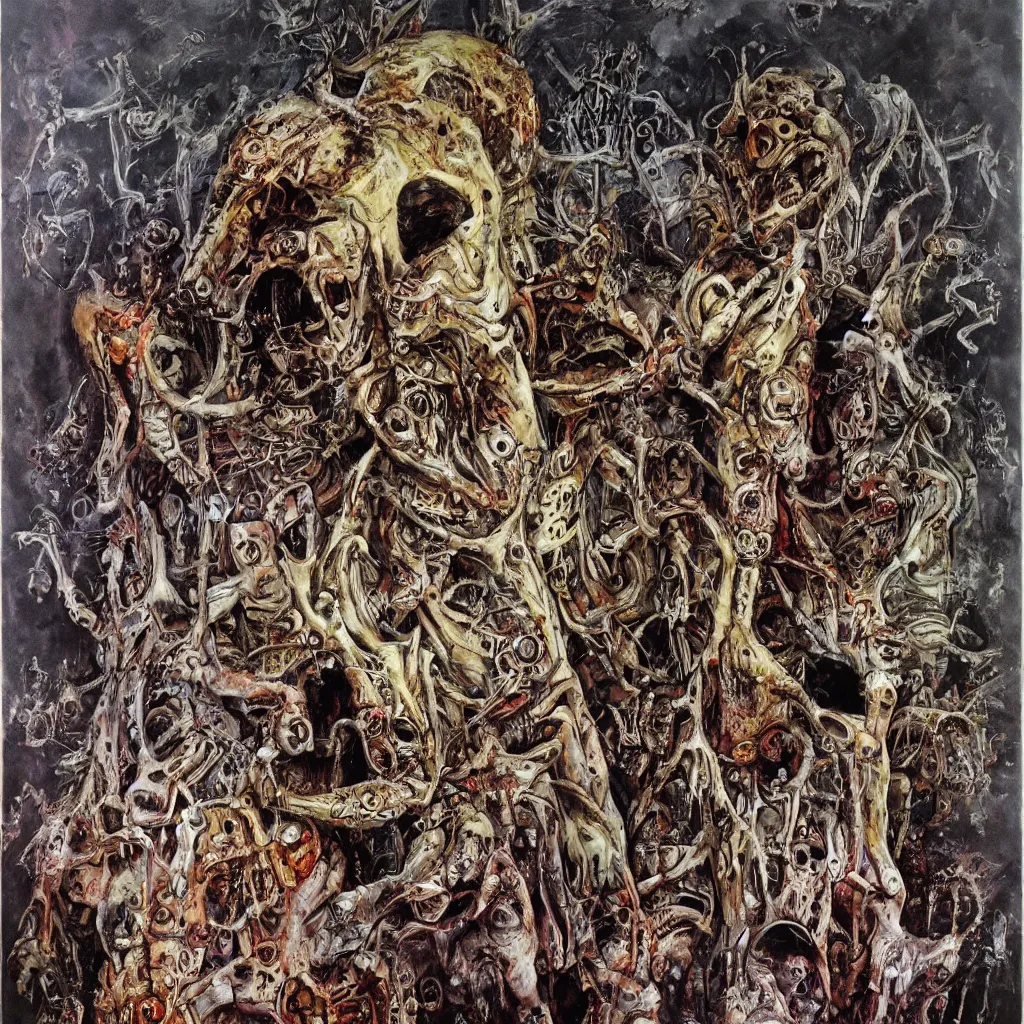 Image similar to Moloch full body shot, hyper-realistic oil painting, Body horror, biopunk, by Ralph Steadman, Francis Bacon, Hunter S Thompson