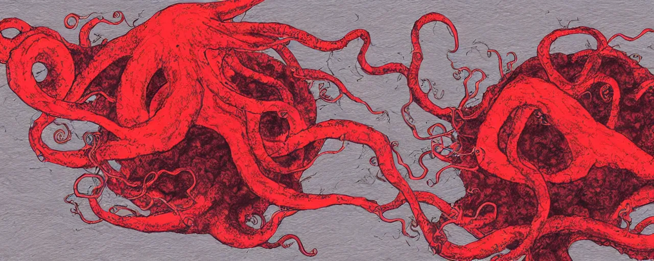 Image similar to mixed media art of a giant elder kraken covered in red lightning in the middle of a giant whirlpool