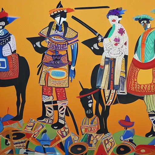Image similar to Mural painting from a culture inspired by cowboys, Tuaregs and samurais