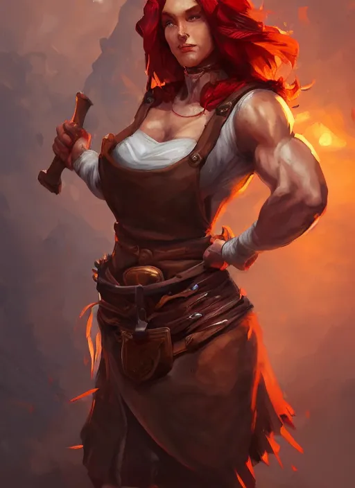 Image similar to a highly detailed illustration of fierce red haired blacksmith woman wearing apron, muscular, dramatic smile pose, intricate, elegant, highly detailed, centered, digital painting, artstation, concept art, smooth, sharp focus, league of legends concept art, wlop.