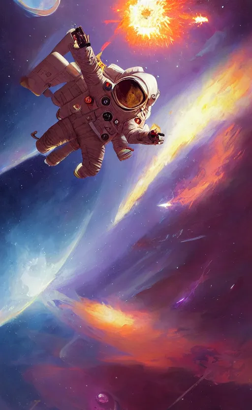 Image similar to a beautiful artwork illustration, astronaut flying around a galactic explosion, by greg rutkowski and jesper ejsing and raymond swanland, featured on artstation, wide angle, vertical orientation