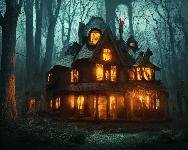 Image similar to the scariest witches house in the scariest dark forest, scary animals, epic scene, dark, scary, horror, frightening, fantasy, cinematic, redshift render, cgi, hyper - detailed, photo - bash, 8 k post - production, masterpiece