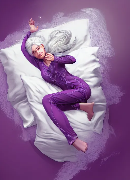 Prompt: a highly detailed illustration of beautiful silver haired woman wearing purple onesie floating on pillow, dramatic floating pose, sleepy expression, intricate, elegant, highly detailed, centered, digital painting, artstation, concept art, smooth, sharp focus, league of legends concept art, wlop