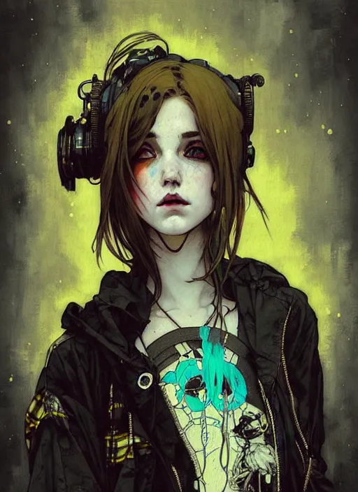 Image similar to highly detailed portrait of a moody sewerpunk young adult lady with a tartan hoody by krenz cushart, by artem demura, by alphonse mucha, by kaethe butcher, gradient yellow, black, brown and cyan color scheme, grunge aesthetic!!! ( ( graffiti tag city background ) )