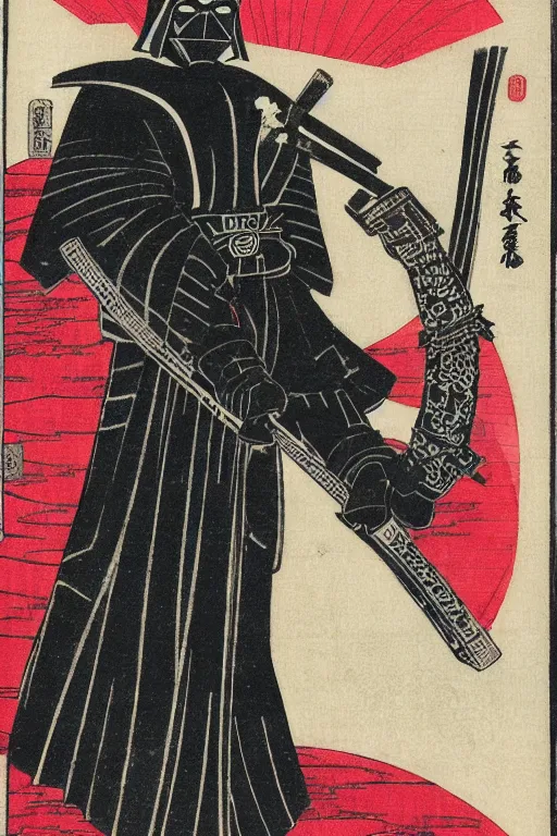 Image similar to Japanese woodblock print of Darth Vader holding a samurai sword , cherry blossom, Hokusai