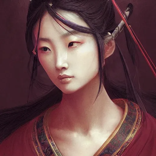 Prompt: A portrait of An beautiful!!! ancient Chinese female swordsman by Ross Tran!!! and Zhang Daqian and greg rutkowski! and gustav doré! and Zdzisław Beksiński! and Ruoxin Zhang!!!,In style of digital art illustration.Symmetry.Highly detailed face.Fantasy,smooth,hyper detailed,sharp focus,Soft light.trending on artstation.