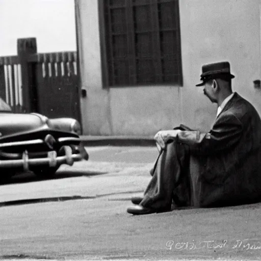 Image similar to a gentlemen sitting in the middle of the street award winning photograph 1950